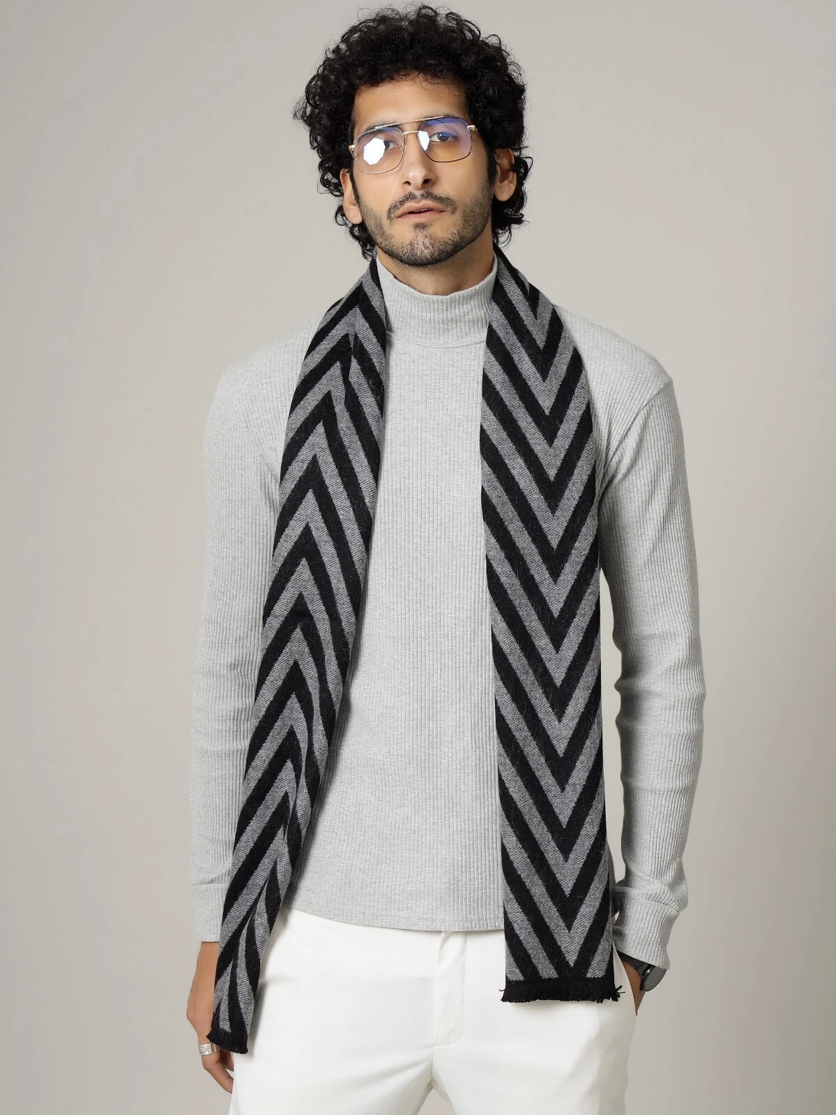 Pashmina Black & Grey Chevron Muffler Men's Neck Wrap Soft Wool Scarf 14"x72"
