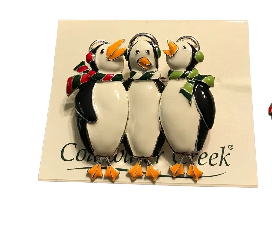 Broche de pingüinos tono plata Coldwater Creek pendientes a juego esmalte de Navidad Foto 4 de 4