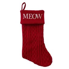 Holiday Time Red Polyester Knit Embroidered Cat Christmas Stocking - Meow - 20