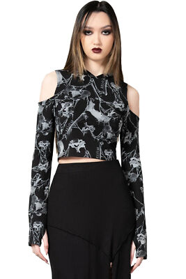 KILLSTAR Langarm Crop Top - Catacombs Creatures Gothic Schädel Kapuze Alternativ