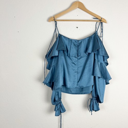 Amur Sarah Blue Long Sleeve Off Shoulder Tie Blouse Size Large - Picture 4 of 5