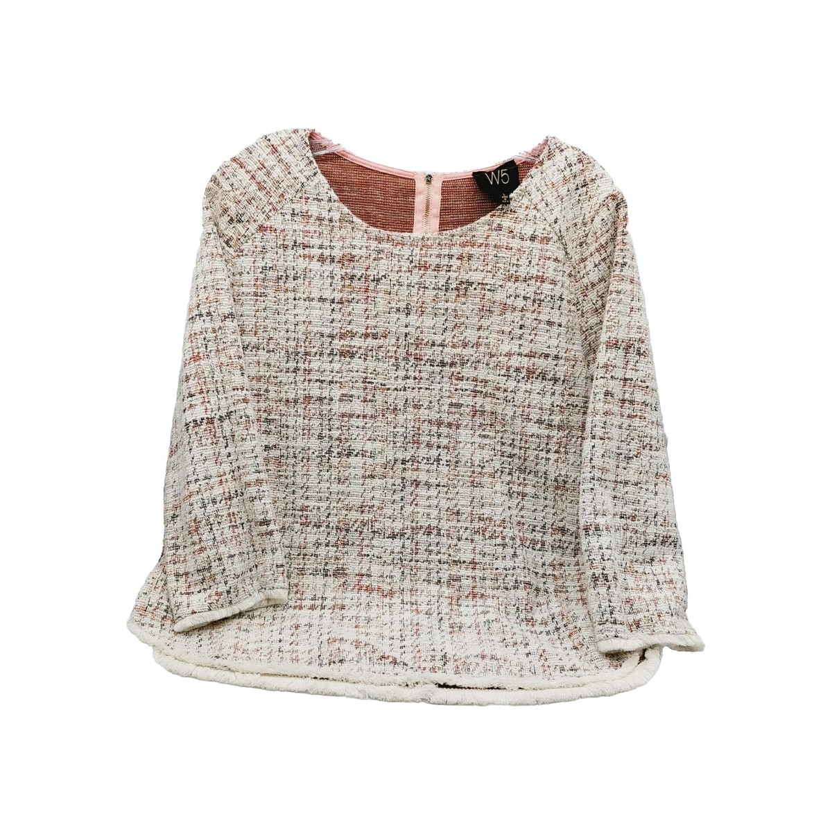 TWEED FRINGE NS TOPS  美品 W5 Womens Top Size Large Tan Tweed 3/4 Sleeve Fringe Zip