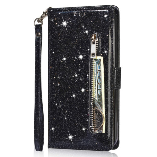 For Xiaomi Redmi Note 11s 10s 9s 8 Pro Glitter Wallet Case Card Zip Flip Cover - Picture 3 of 18