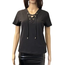 Michael Kors Women's Top Size XS Black Short Sleeves V-Neck Drawstring NWT $98