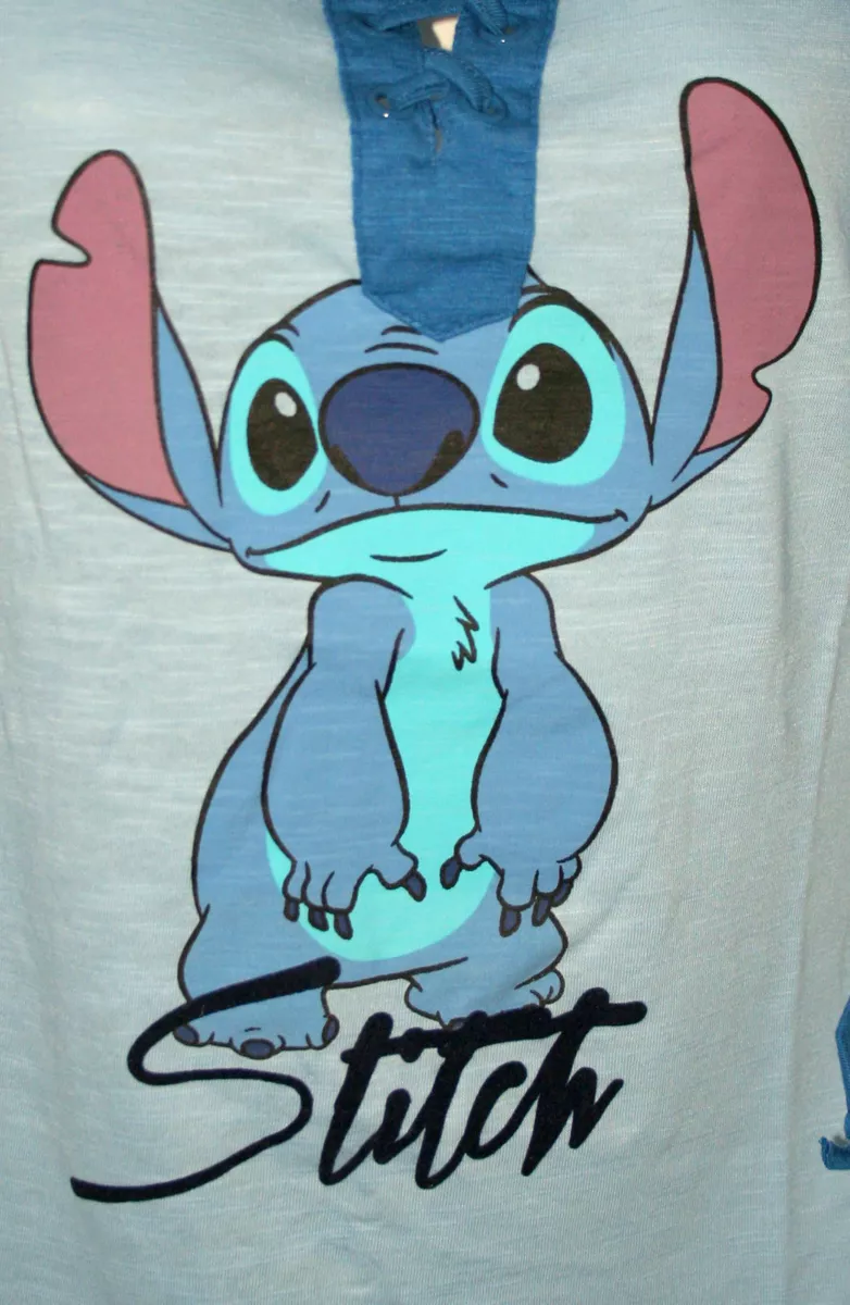 Disney Lilo & Stitch Blue Baseball T-Shirt New Womans V Lace Large Long Sleeve