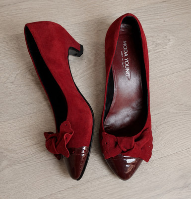 Pumps Low Heel dunkelrot Gr. 38 Wildleder Schleife Schuhe Pumps Leder