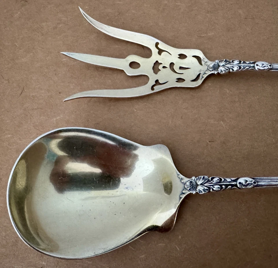 ART NOUVEAU GORHAM VIRGINIANA ESTERLINA 9 3/8” LARGO ENSALADA LECHUGA TENEDOR Y CUCHARA Foto 3 de 4