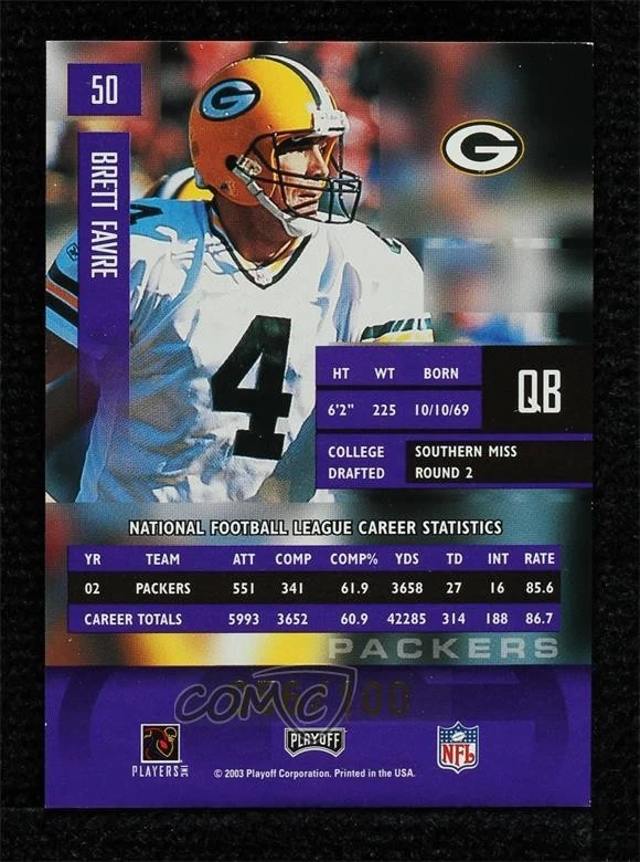 2003 Playoff Prestige Xtra Points Purple /100 Brett Favre #50 HOF - Image 2 of 2