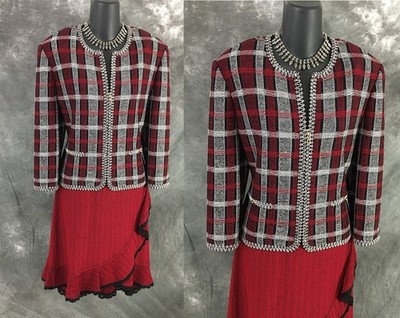 BEAUTIFUL St John collection knit red black jacket skirt suit size 12