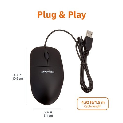 Amazon Basics 3-Button Wired USB Computer Mouse, Single Black