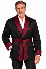 Mens Smoking Jacket - Silky SATIN - Black / Burgundy
