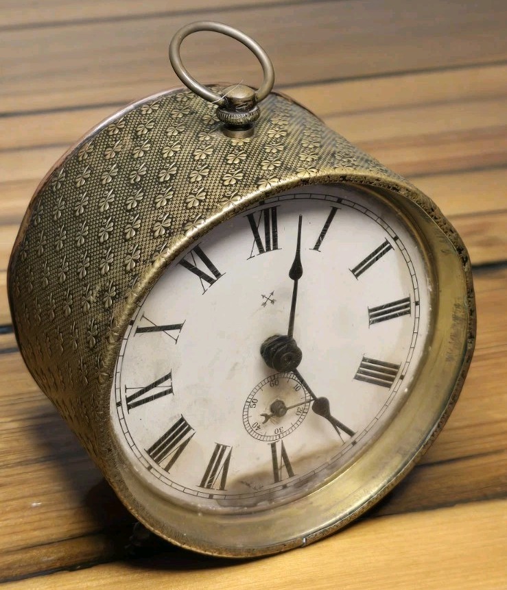 Antique Junghans German Alarm Clock 1890s Brass Clover Stamped Drum Carriage