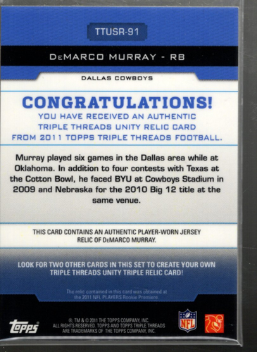 B4311- 2011 Topps Triple Threads Unity Relics #TTUSR91 DeMarco Murray Jersey /36 - Picture 2 of 2