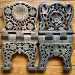 Vintage Hand Carved Wood Folding Book Holder India Handmade Lot of 2