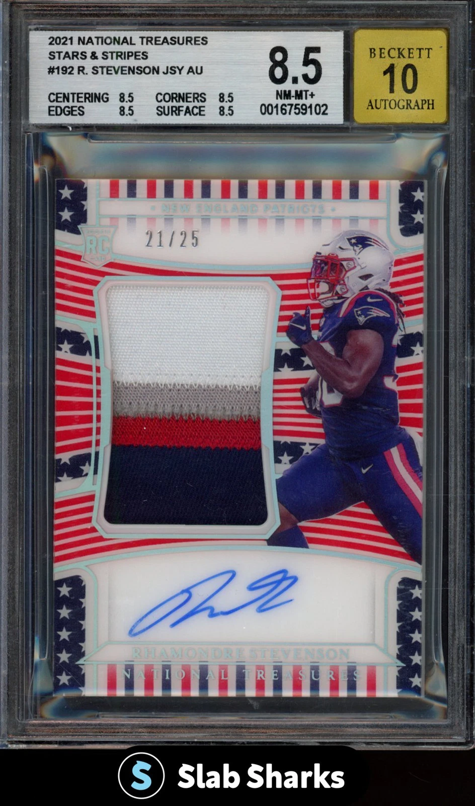 Rhamondre Stevenson Panini National Treasures #192 Patch Autograph-Stars & Stripes Blue