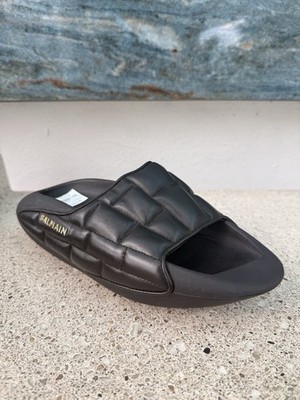 Authentic $750 Balmain B-It Black Quilted Leather Slides Sandals Men's 6/W 8 NEW
