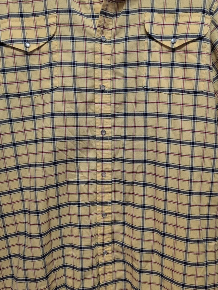 Camisa Western Ely Cattleman Talla 3X Amarillo Azul Cuadros Manga Corta Perla Broches de presión  Foto 2 de 4
