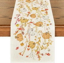 Wildflowers Bloom Floral Pumpkin Leaves 210 GSM Fall Table Runner, Seasonal Autu