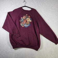 Vtg Tultex Floral Sweatshirt 1X Purple Flower Vase Print USA Made Cottagecore