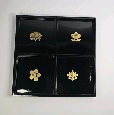 Vintage Japanese Lacquerware Tray Set w/ Gold Kamon Crests 5 Pc Made in Japan