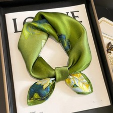 100 Silk Scarf Women Fashion Green Flower Kerchief Small Square Bandana 53 53cm