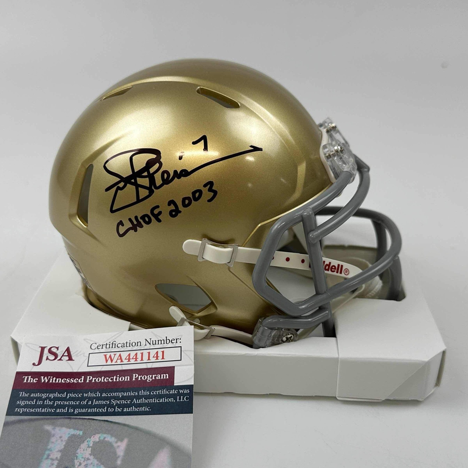 Joe Theismann Autographed Signed Notre Dame Fighting Irish / CHOF 2003 Notre Dame Irish Mini Helmet JSA COA 