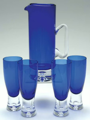 BLOCK  STOCKHOLM  5-Piece Beverage Set w/Water Goblets Cobalt  w/Air Bubble Base