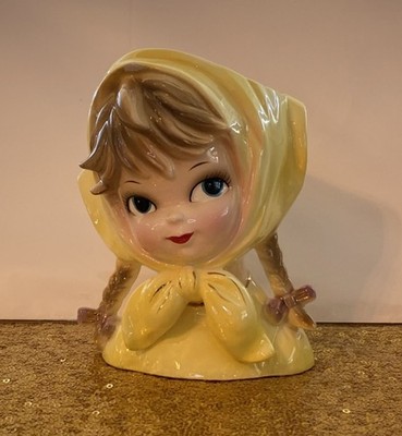Vintage Inarco E-2523 Girl Head Vase Planter Yellow Scarf Braids Ceramic