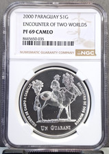 2000 PARAGUAY SILVER 1 GUARANI MAN & HIS HORSE NGC PF 69 CAMEO RARE GEM PROOF