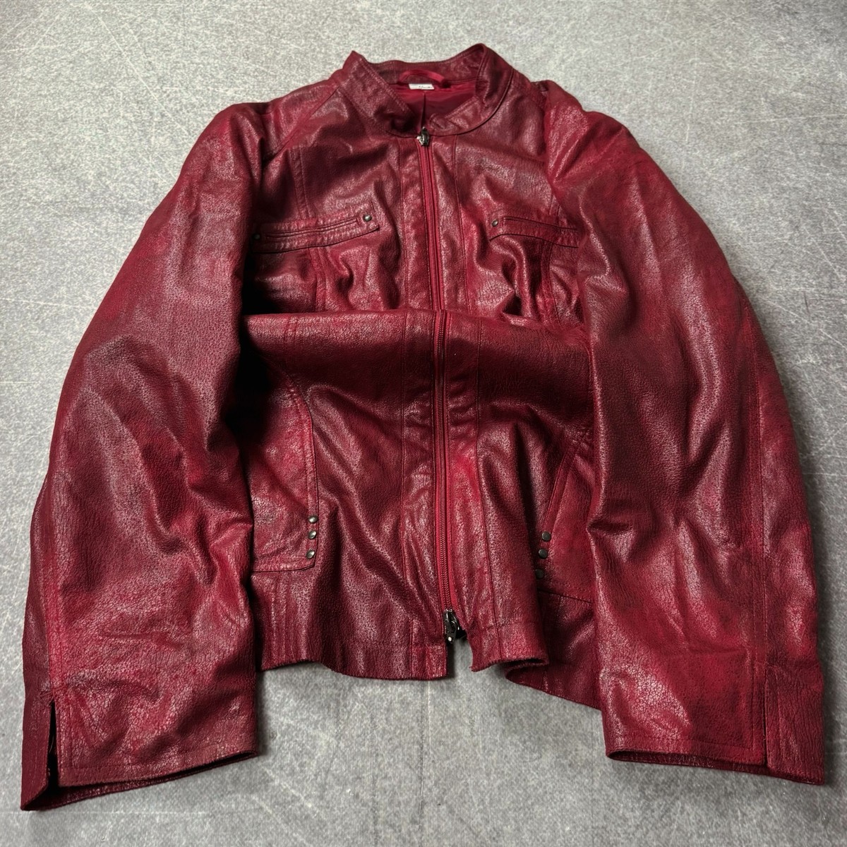 Red Leather Jacket Cropped Fitted Zip Up Minimal Vintage 2000s