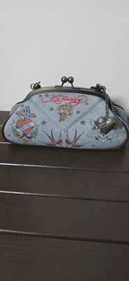 NWT Ed Hardy Vintage Tattoo Denim Bag - Tiger Swallow True Love Kisslock Purse
