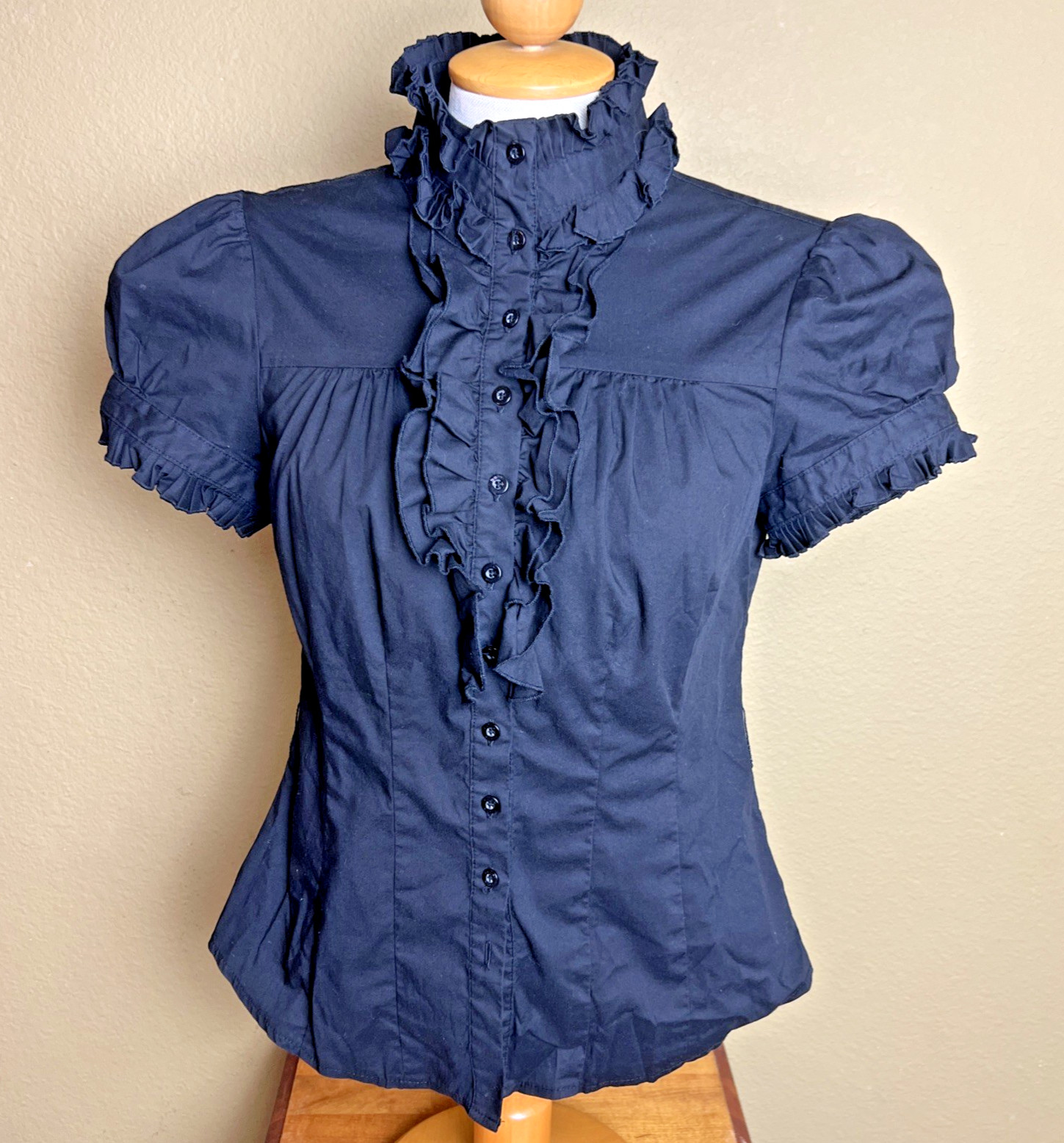 Bebe Black Button Down Ruffle Blouse Whimsigoth D… - image 1