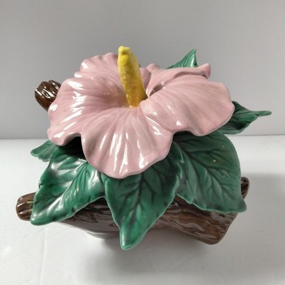 Vintage Jamar Mallory Studio Hand Painted Ceramic Pink Hibiscus Flower 1970