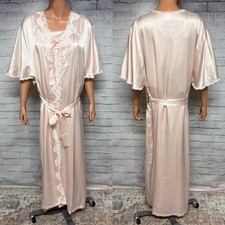 Barbizon Nightgown Robe Set M/L Pink Floral Embroidered Ribbon Bow Cottagecore