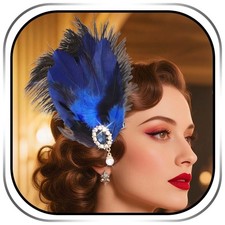 1920s Feather Hair Clips Blue Rhinestone Fascinator Hair Clip Gatsby Hair Acc...