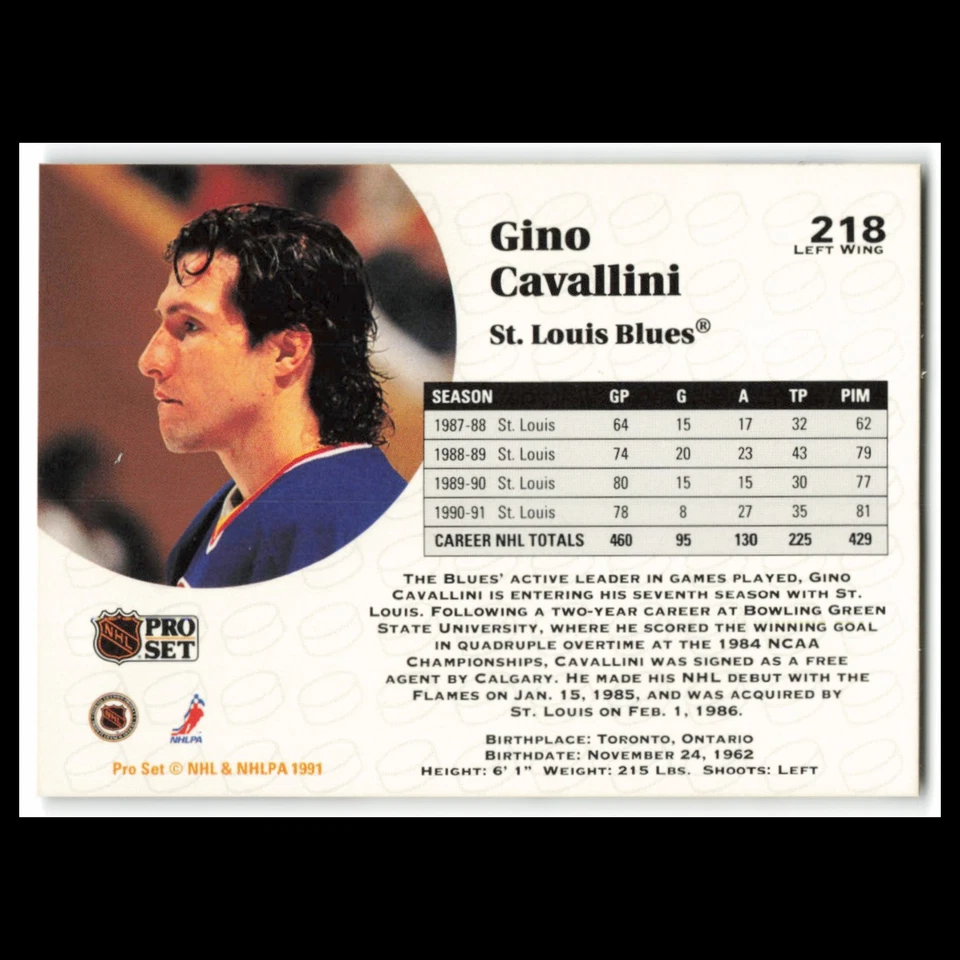 Gino Cavallini #218 1991 Pro Set St. Louis Blues Hockey Card NHL NM - Image 2 of 3