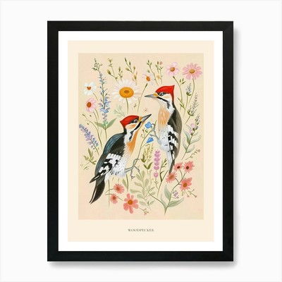 Folksy Floral Tier Zeichnung Woodpe gerahmtes Wandbild Poster Leinwanddruck Bild