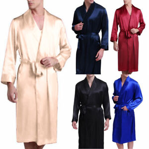 Mens Night Robe Silk Satin Pyjamas Sleepwear Bathrobe Long Satin Gown Kimono
