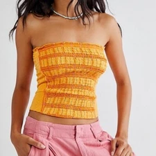 Free People In The Groove Tube Top Size Medium Sunshine Orange Plaid Smocked
