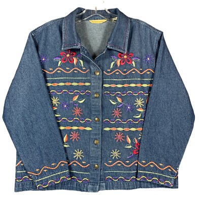 Bechamel Petites Embroidered Womens Denim Jean Jacket Large Long Sleeve Floral