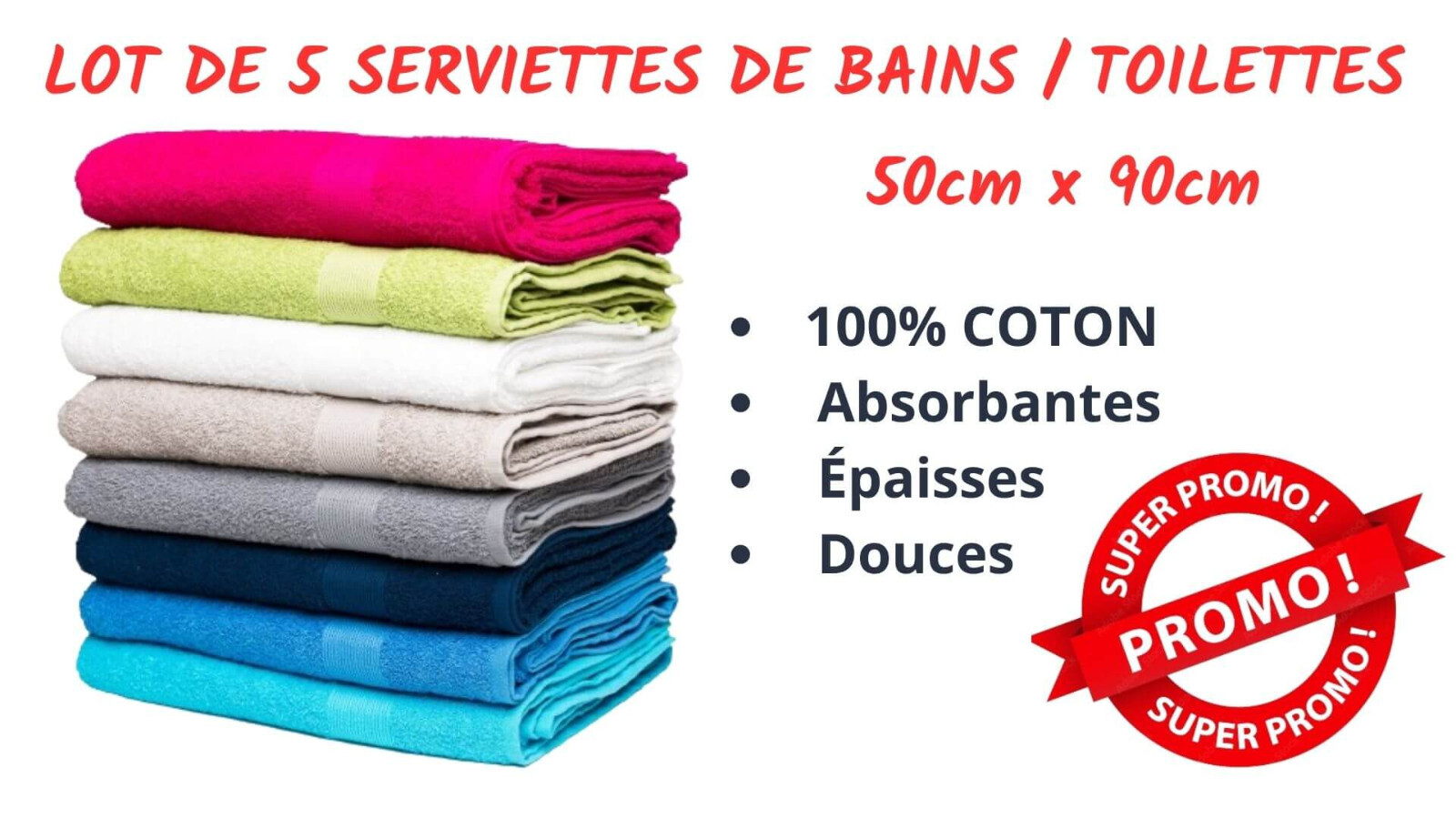 Serviettes de toilette 50x90cm pour le sport et les invités en pur coton