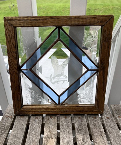Vintage Stained Glass Etched Eagle Square Framed Window Hanging Blue Suncatcher