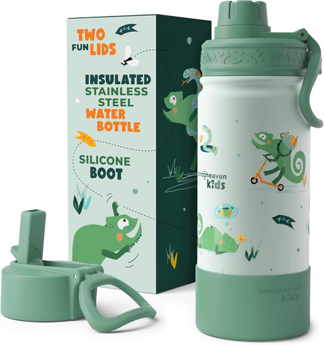 Kids Water Bottle Stainless Steel for Boys & Girls, 2 Lids (Chug & Straw), Handl