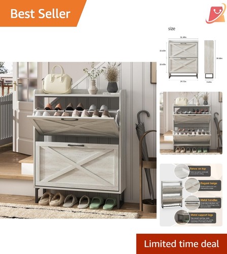 Narrow Shoe Storage Cabinet Wood Flip Drawers Lockable Organizer for Entryway