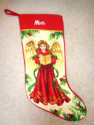 VINTAGE NEEDLEPOINT CHRISTMAS STOCKING W/ANGEL DESIGN PERSONALIZED - MOM