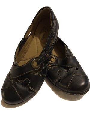 Clarks Woman Bendables Leather Slip-On Black Loafers Shoes Woven Comfort 7.5
