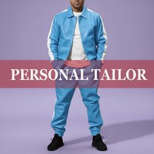 Men's 100 Genuine Soft Lambskin Leather TrackSuit Sweatsuit Sky Blue/White