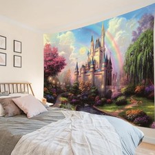 Castle Tapestry Trees and River in Fantasy Forest 70.9"L x 92.5"W Multicolor