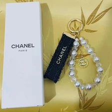 Chanel Novelty pearls Charm Gold Lucky Logo design Keychain Key chain Dark Blue