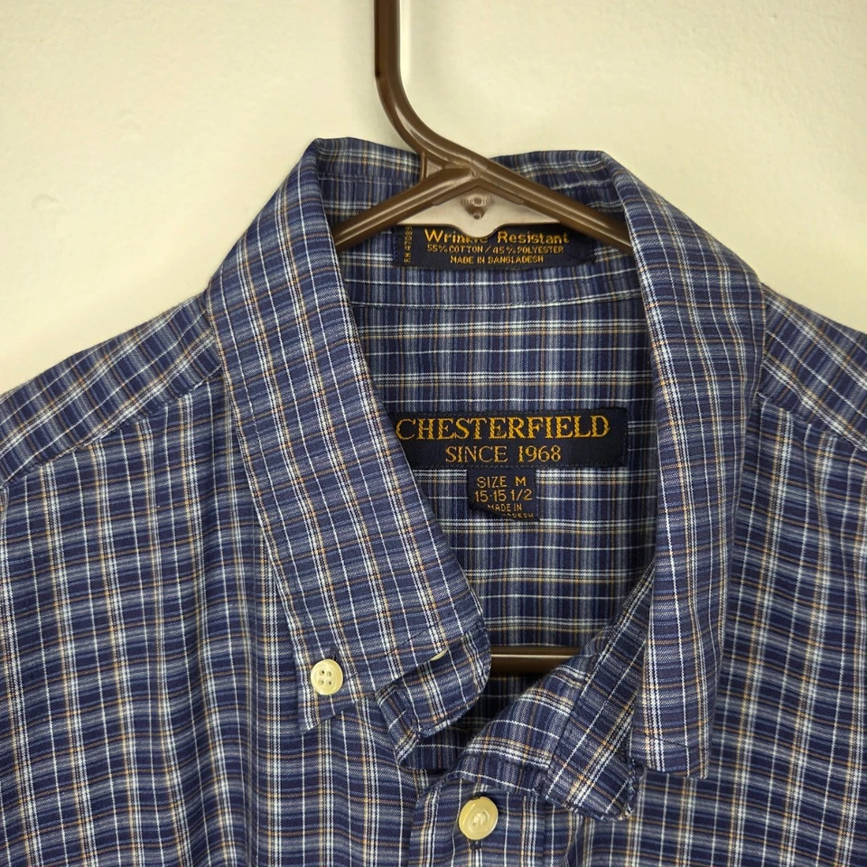 Chesterfield Men’s Button-Up Shirt Medium 15-15½ Blue Plaid Wrinkle-Resistant - Image 2 of 3